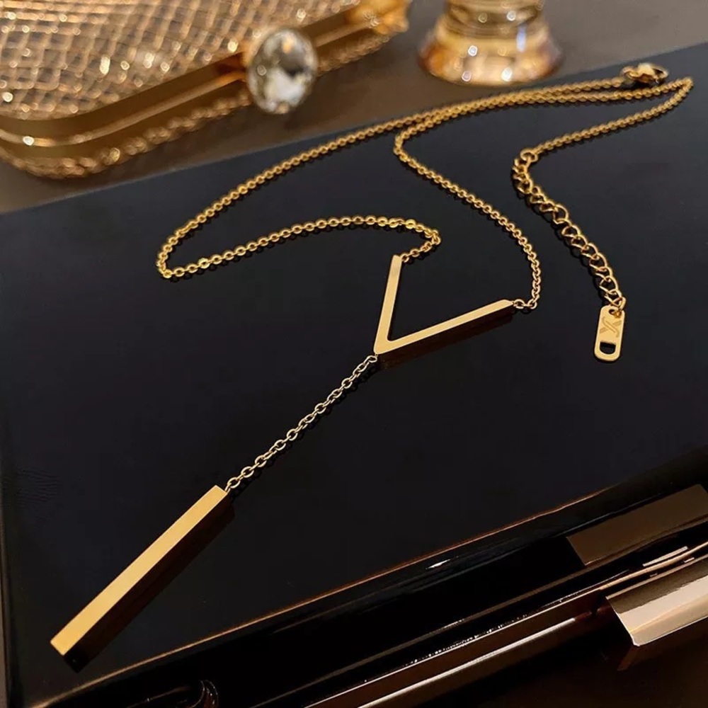 Gold Over Stainless steel V-shaped long Clavicle Necklace
